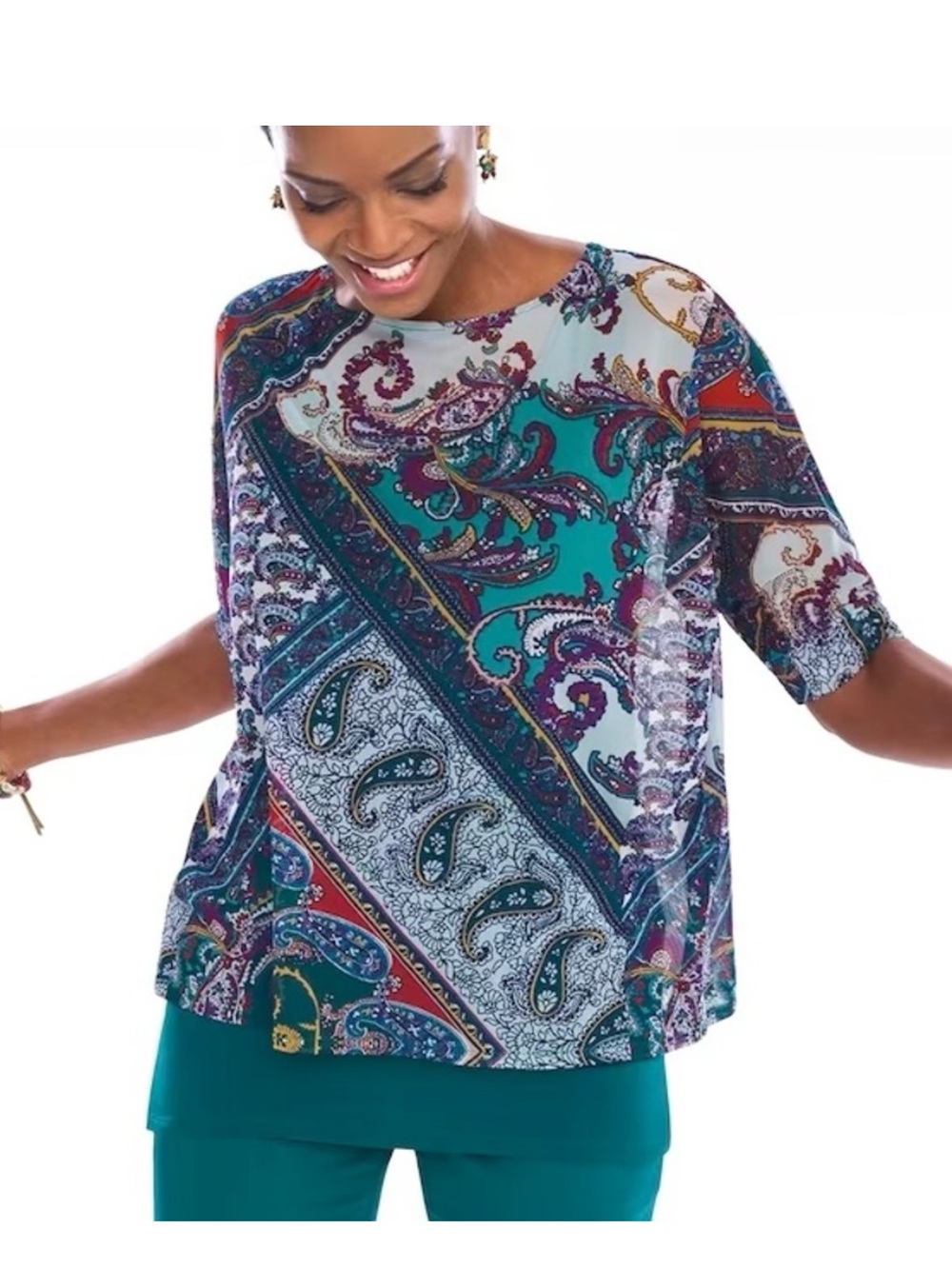 Chicoās Paisley Overlay Top Womenās Size M Boat Neck Short Sleeve Mesh Boat Neck